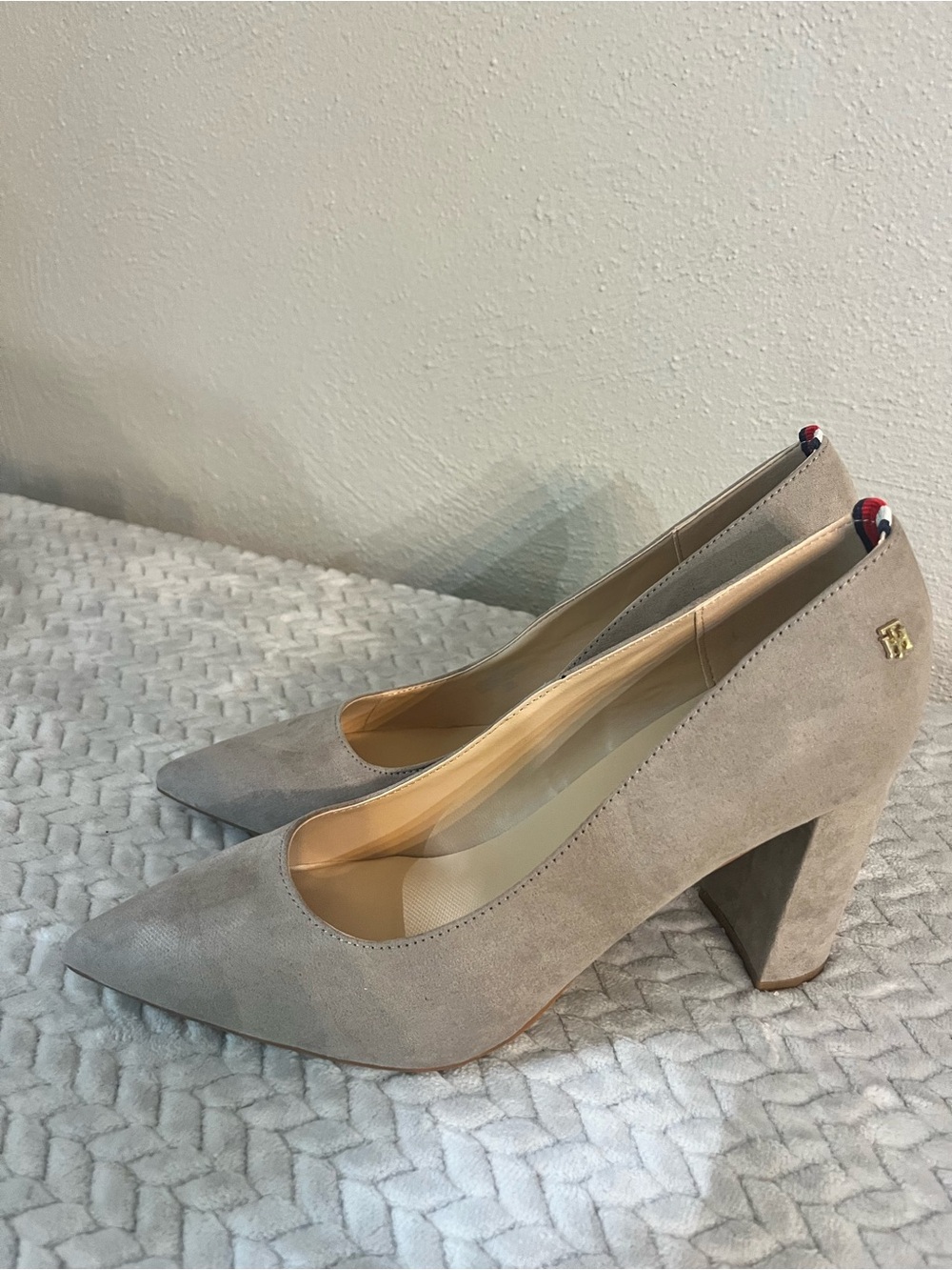 Tommy Hilfiger Pointed Toe Suede Block Heel Pumps - Taupe